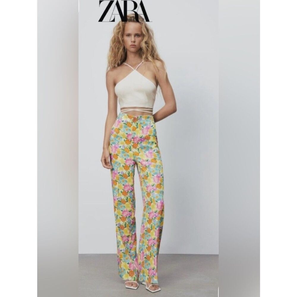 Zara Multicolor Floral High Waisted Straight Leg Flowy Trouser Pants